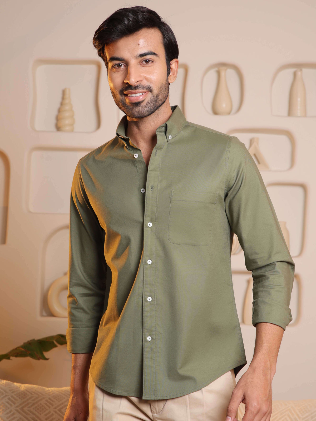 2 Way Stretch Oxford Shirt in Olive - Comfort Fit