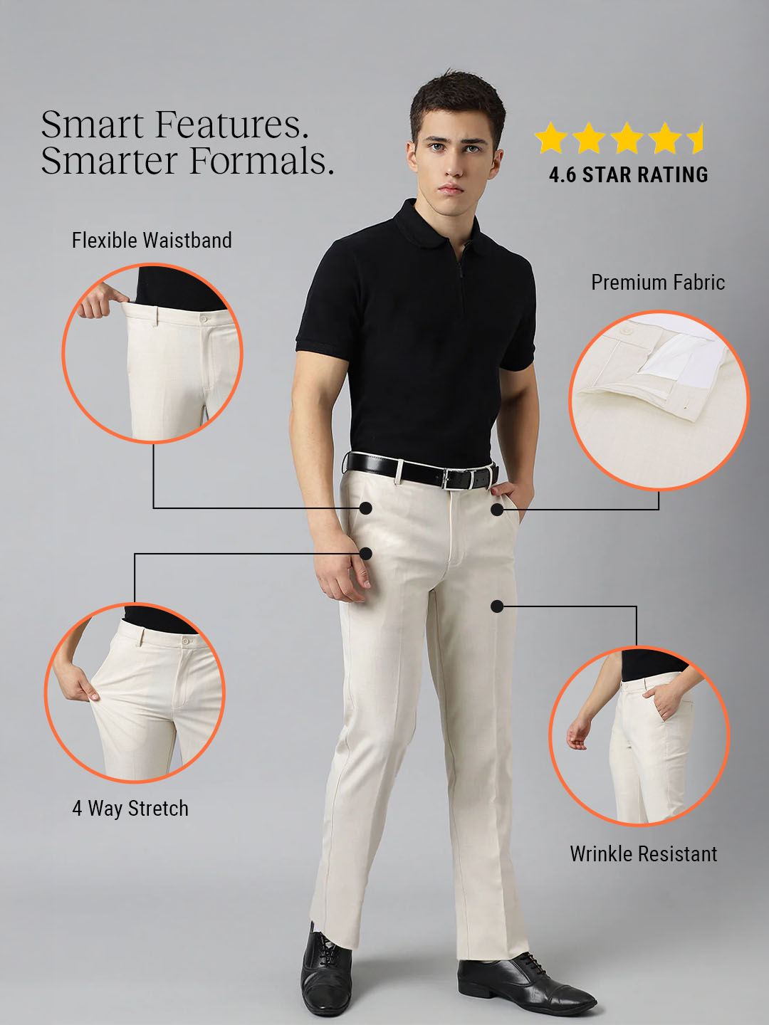 Flex Waist 4-Way Stretch Formal Trousers in Ivory Sand - Slim Fit