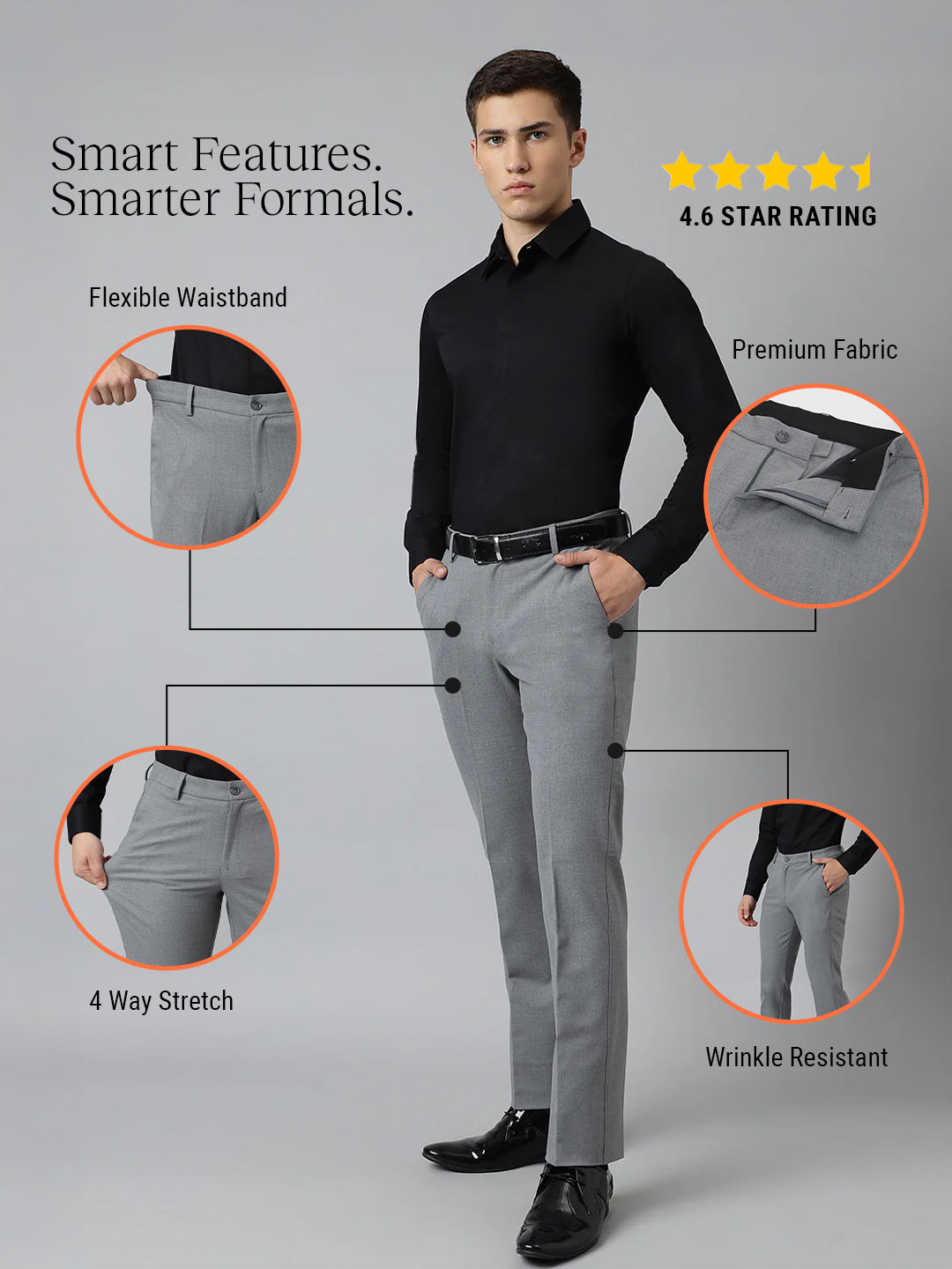 Flex Waist 4-Way Stretch Formal Trousers in Light Grey- Slim Fit