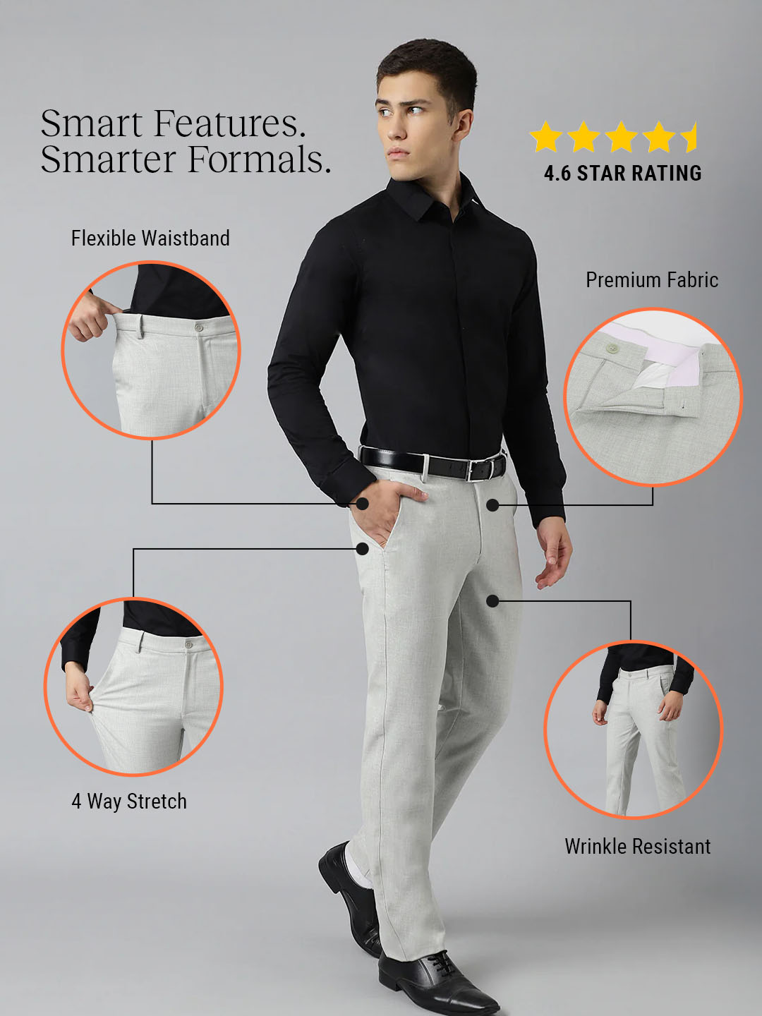 Flex Waist 4-Way Stretch Formal Trousers in Lunar Grey - Slim Fit