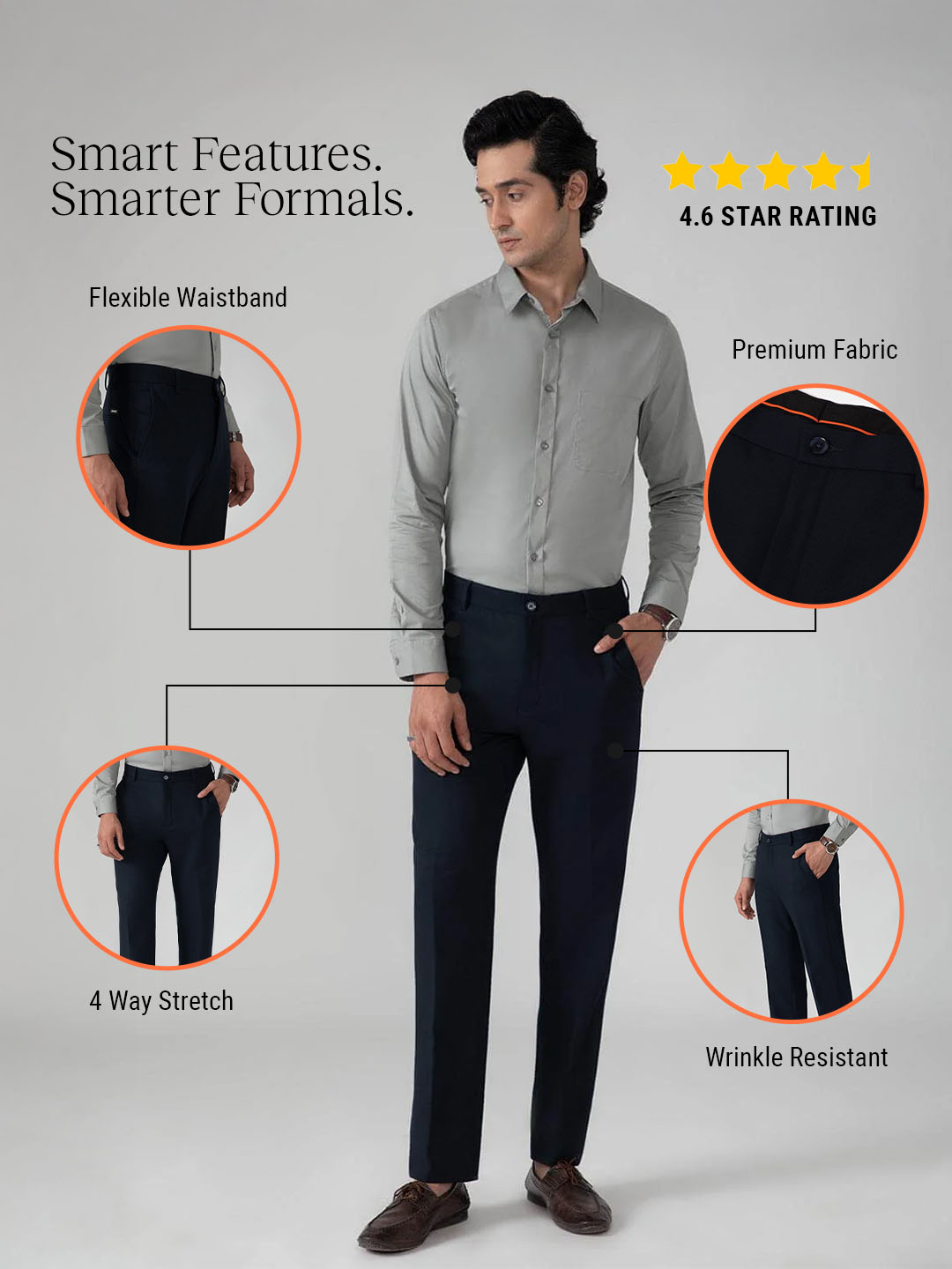 Flex Waist 4-Way Stretch Formal Trousers in Navy Blue- Slim Fit