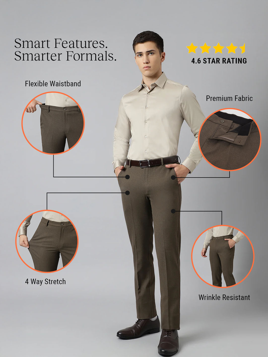 Flex Waist 4-Way Stretch Formal Trousers in Oak Brown - Slim Fit