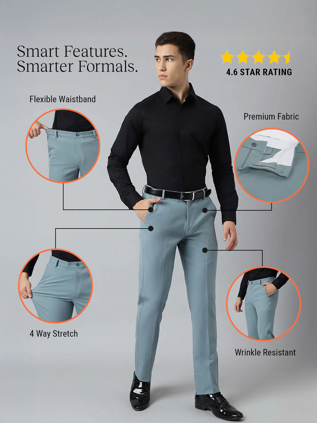 Flex Waist 4-Way Stretch Formal Trousers in Powder Blue- Slim Fit