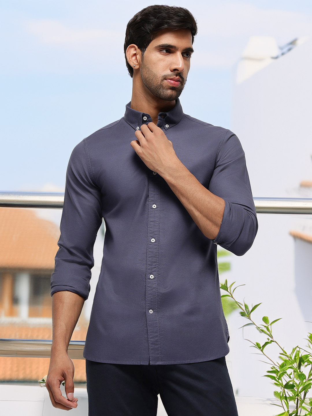 2 Way Stretch Oxford Shirt in Ash Blue-Slim Fit