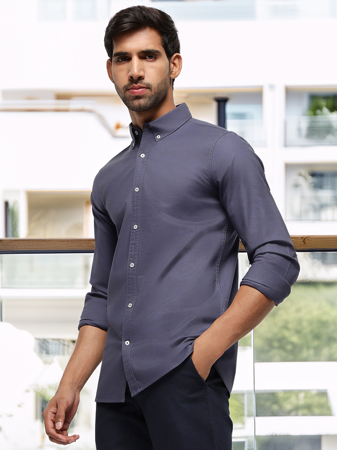 2 Way Stretch Oxford Shirt in Ash Blue-Slim Fit