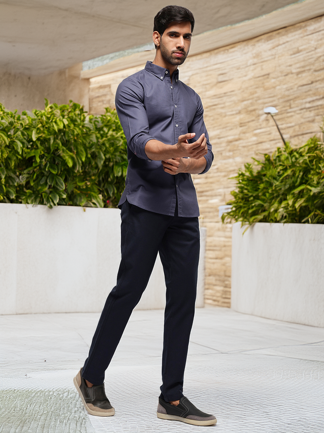 2 Way Stretch Oxford Shirt in Ash Blue-Slim Fit