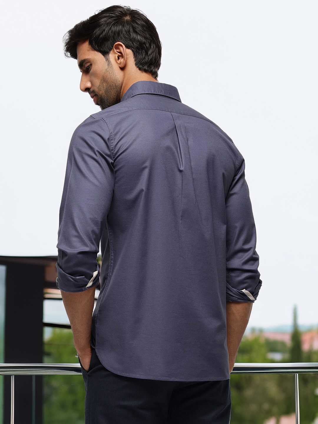 2 Way Stretch Oxford Shirt in Ash Blue-Slim Fit
