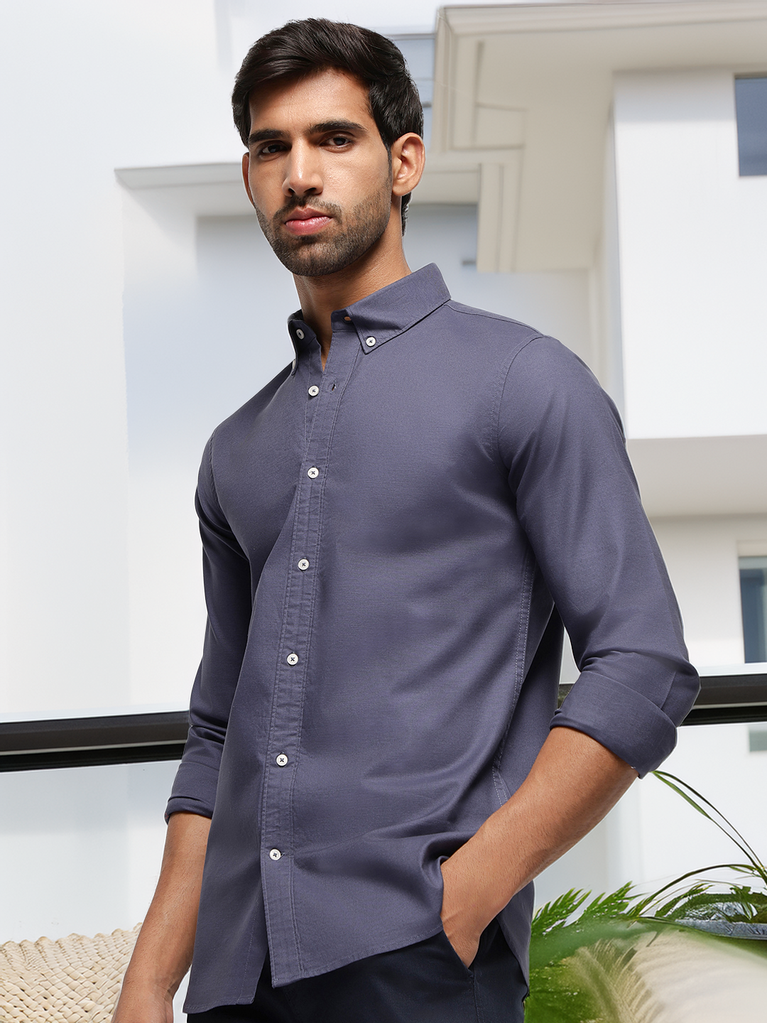 2 Way Stretch Oxford Shirt in Ash Blue-Slim Fit