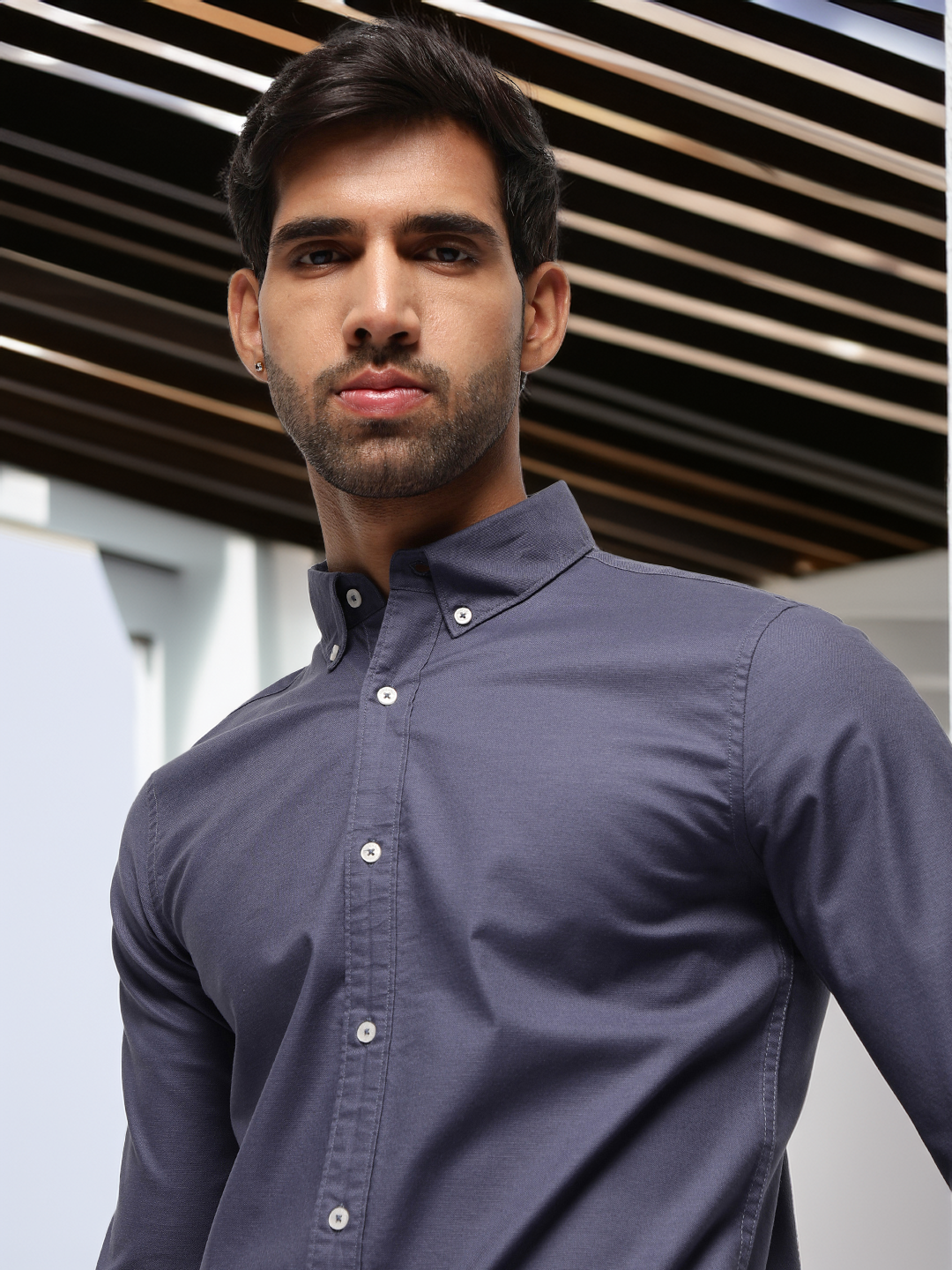 2 Way Stretch Oxford Shirt in Ash Blue-Slim Fit