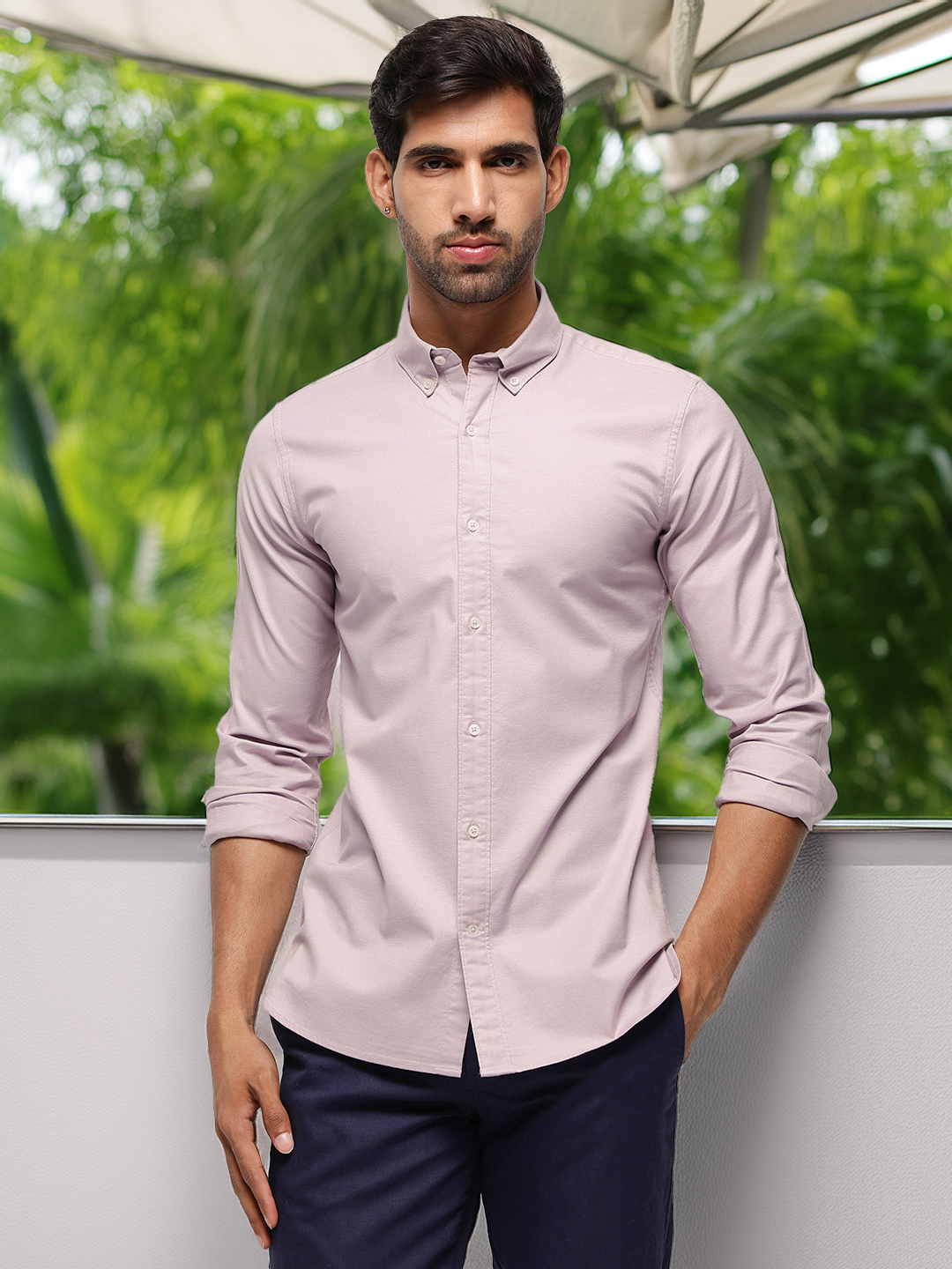 2 Way Stretch Oxford Shirt in Purple Ash -Slim Fit