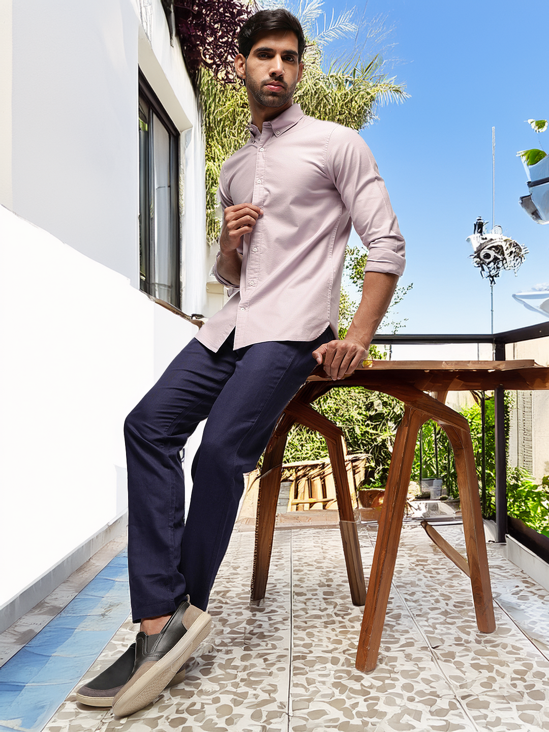 2 Way Stretch Oxford Shirt in Purple Ash -Slim Fit