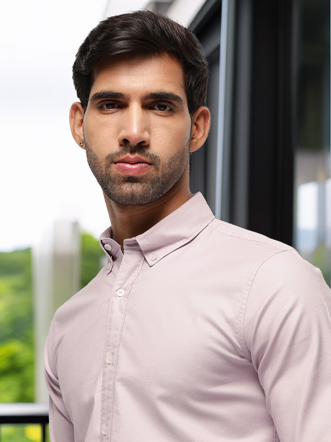 2 Way Stretch Oxford Shirt in Purple Ash -Slim Fit