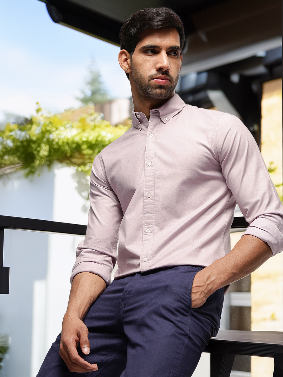 2 Way Stretch Oxford Shirt in Purple Ash -Slim Fit