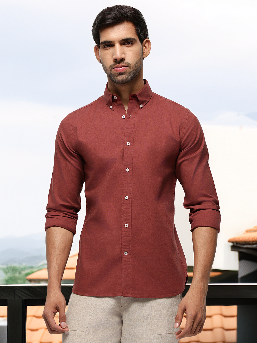 2 Way Stretch Oxford Shirt in Red Wood -Slim Fit