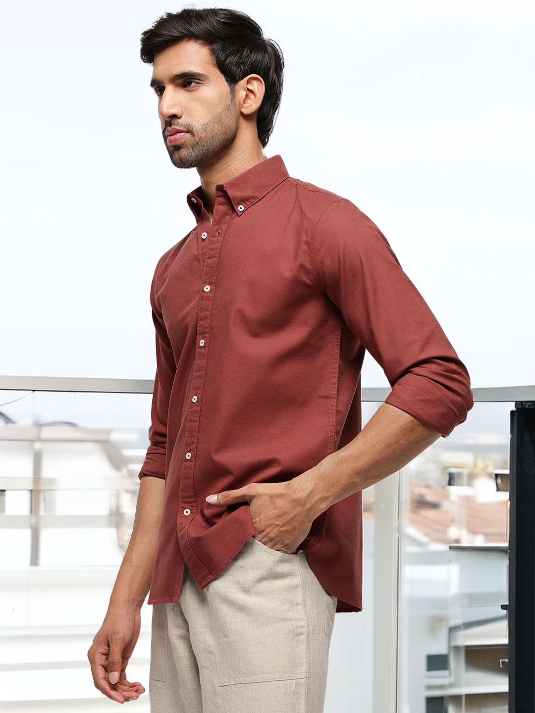 2 Way Stretch Oxford Shirt in Red Wood -Slim Fit