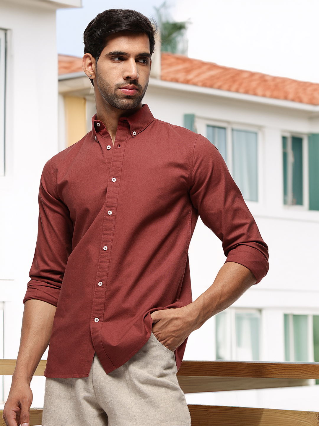 2 Way Stretch Oxford Shirt in Red Wood -Slim Fit