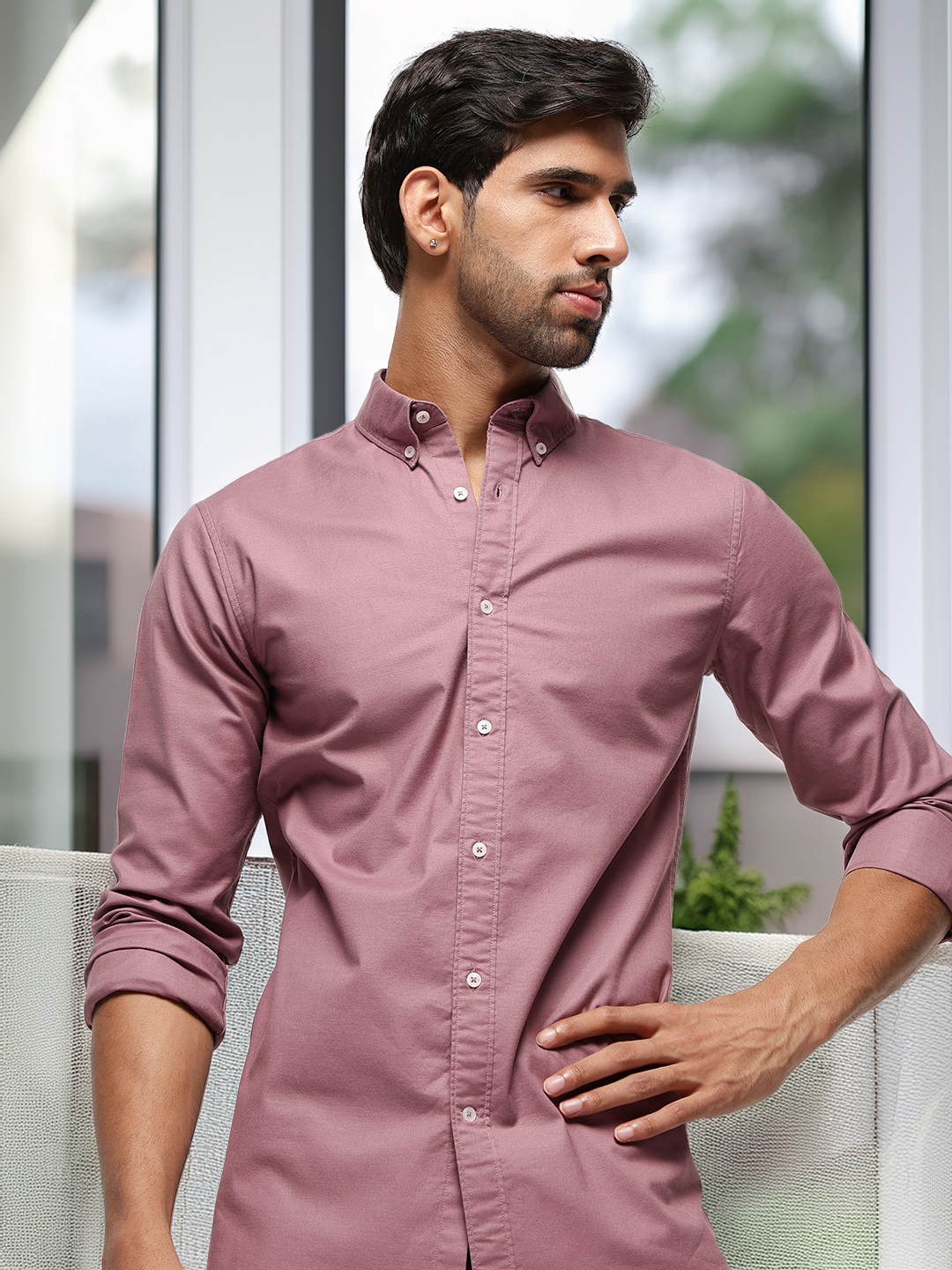 2 Way Stretch Oxford Shirt in Roseberry-Slim Fit