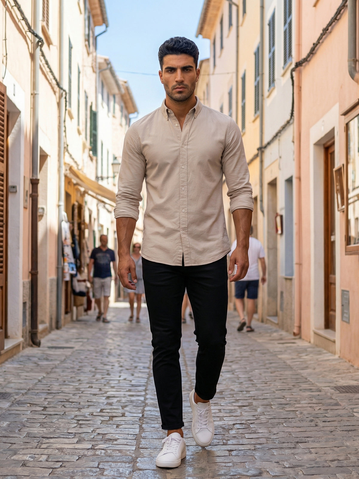 2 Way Stretch Oxford Shirt in Sand Stone -Slim Fit