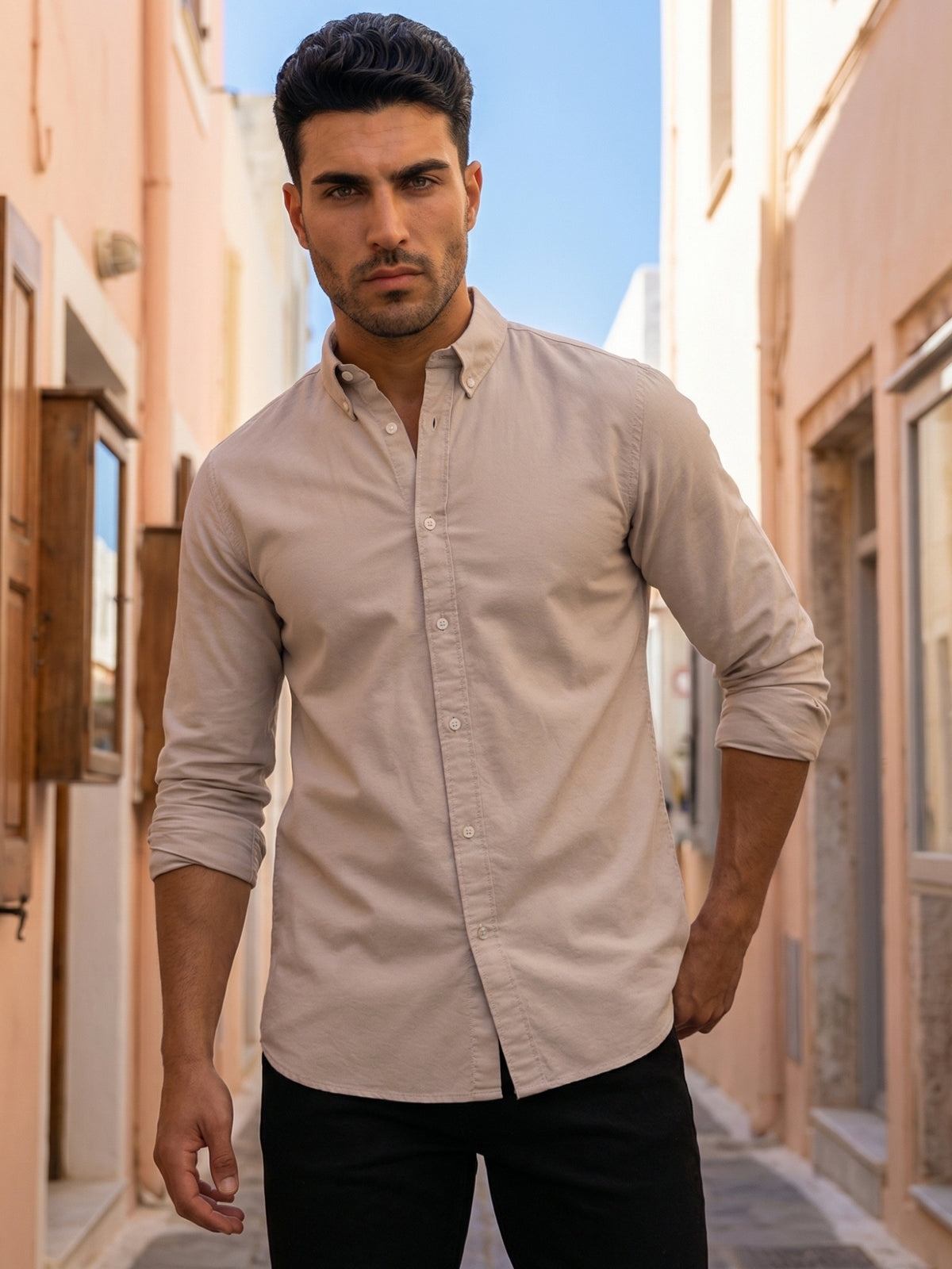 2 Way Stretch Oxford Shirt in Sand Stone -Slim Fit