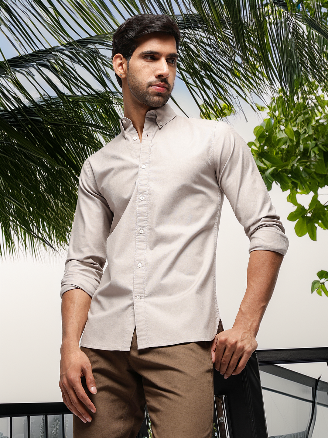 2 Way Stretch Oxford Shirt in Sand Stone -Slim Fit