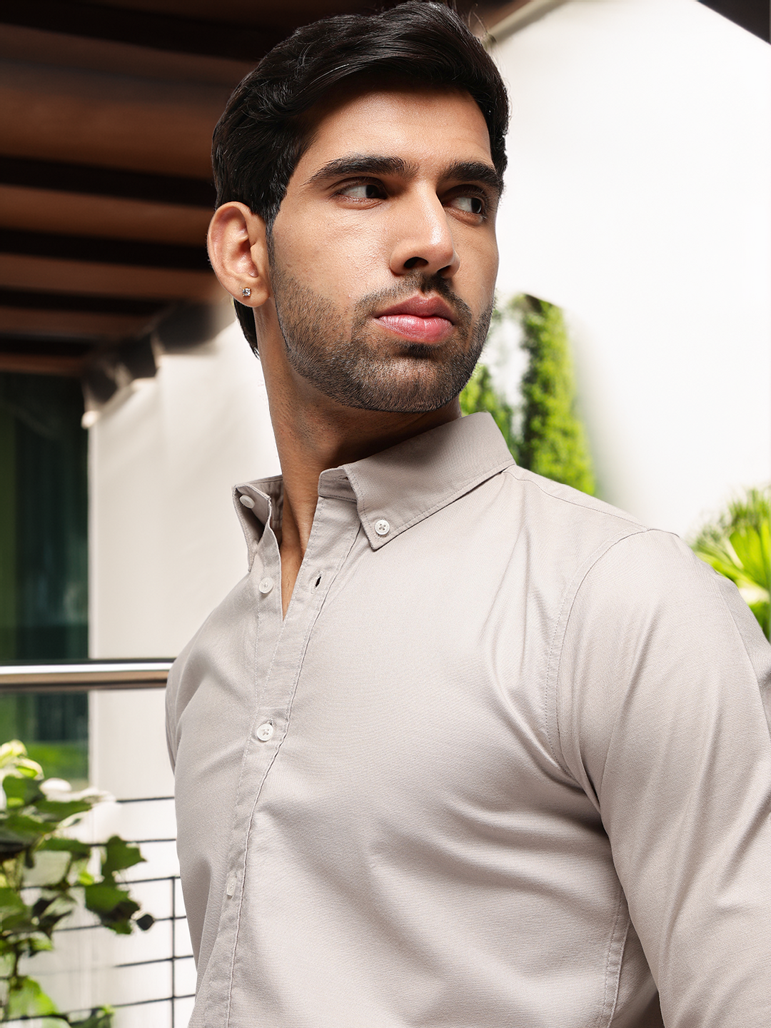 2 Way Stretch Oxford Shirt in Sand Stone -Slim Fit