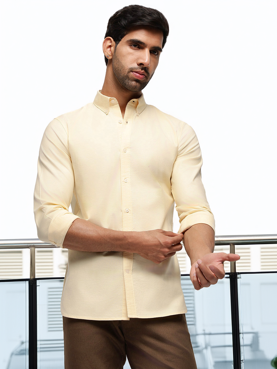 2 Way Stretch Oxford Shirt in Yellow-Slim Fit