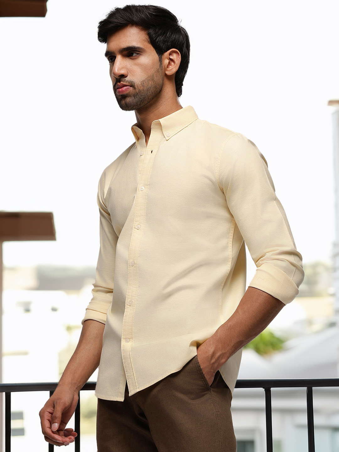 2 Way Stretch Oxford Shirt in Yellow-Slim Fit