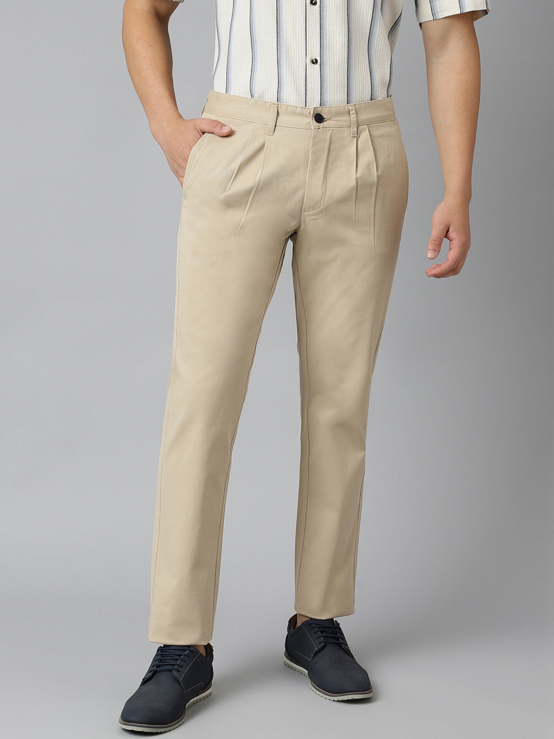 2 Way Stretch Pleated Chinos in Beige- Comfort Fit