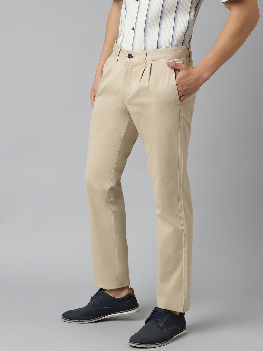 2 Way Stretch Pleated Chinos in Beige- Comfort Fit