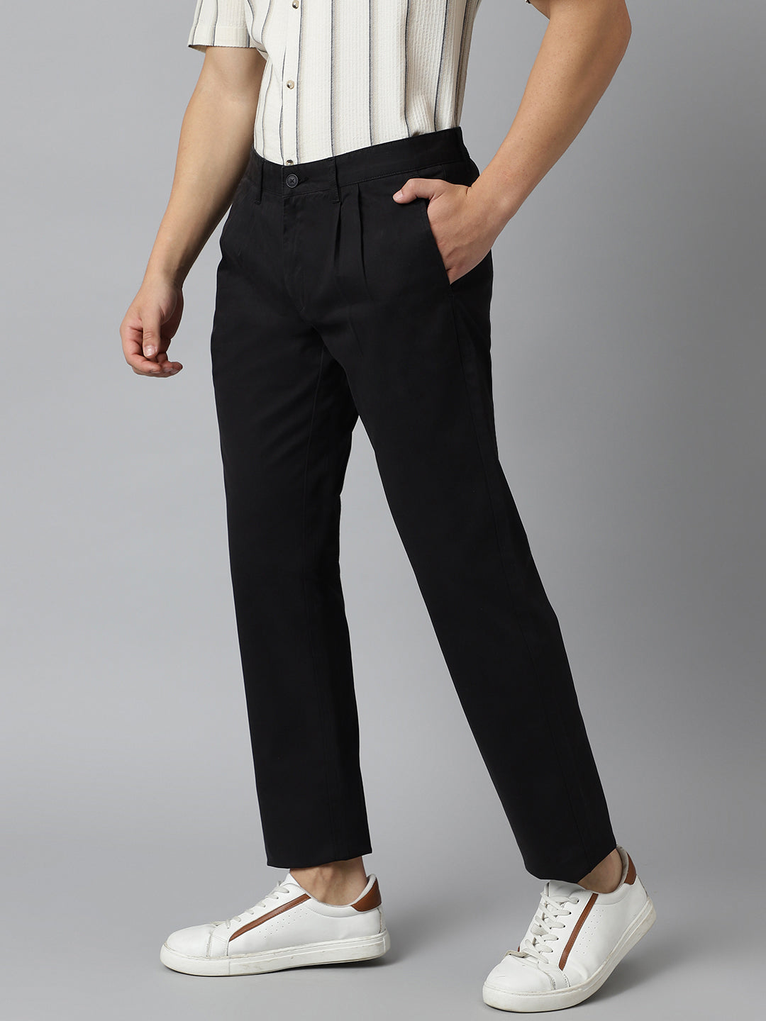 2 Way Stretch Pleated Chinos in Black- Comfort Fit