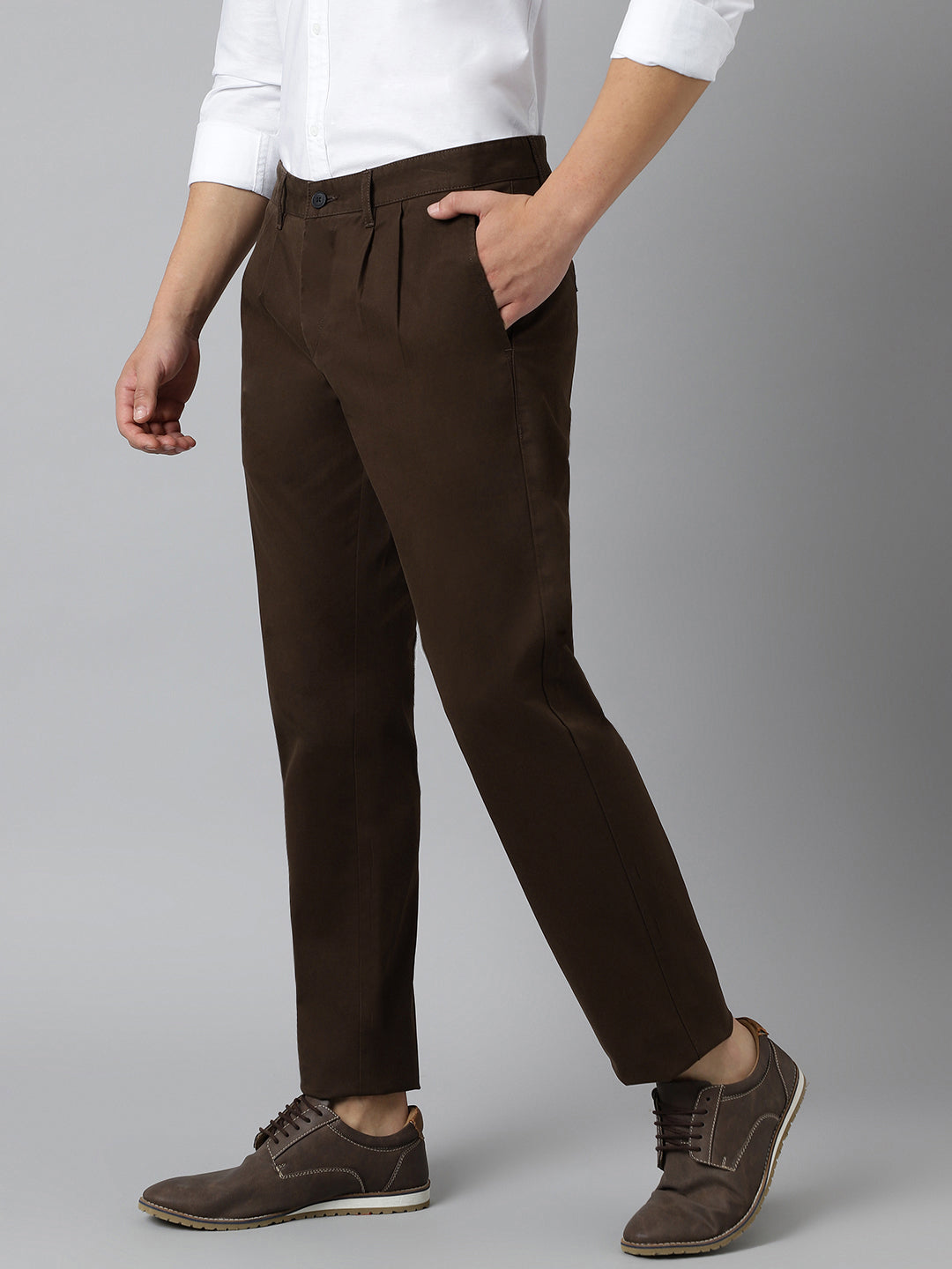 2 Way Stretch Pleated Chinos in Chocolate Brown- Comfort Fit