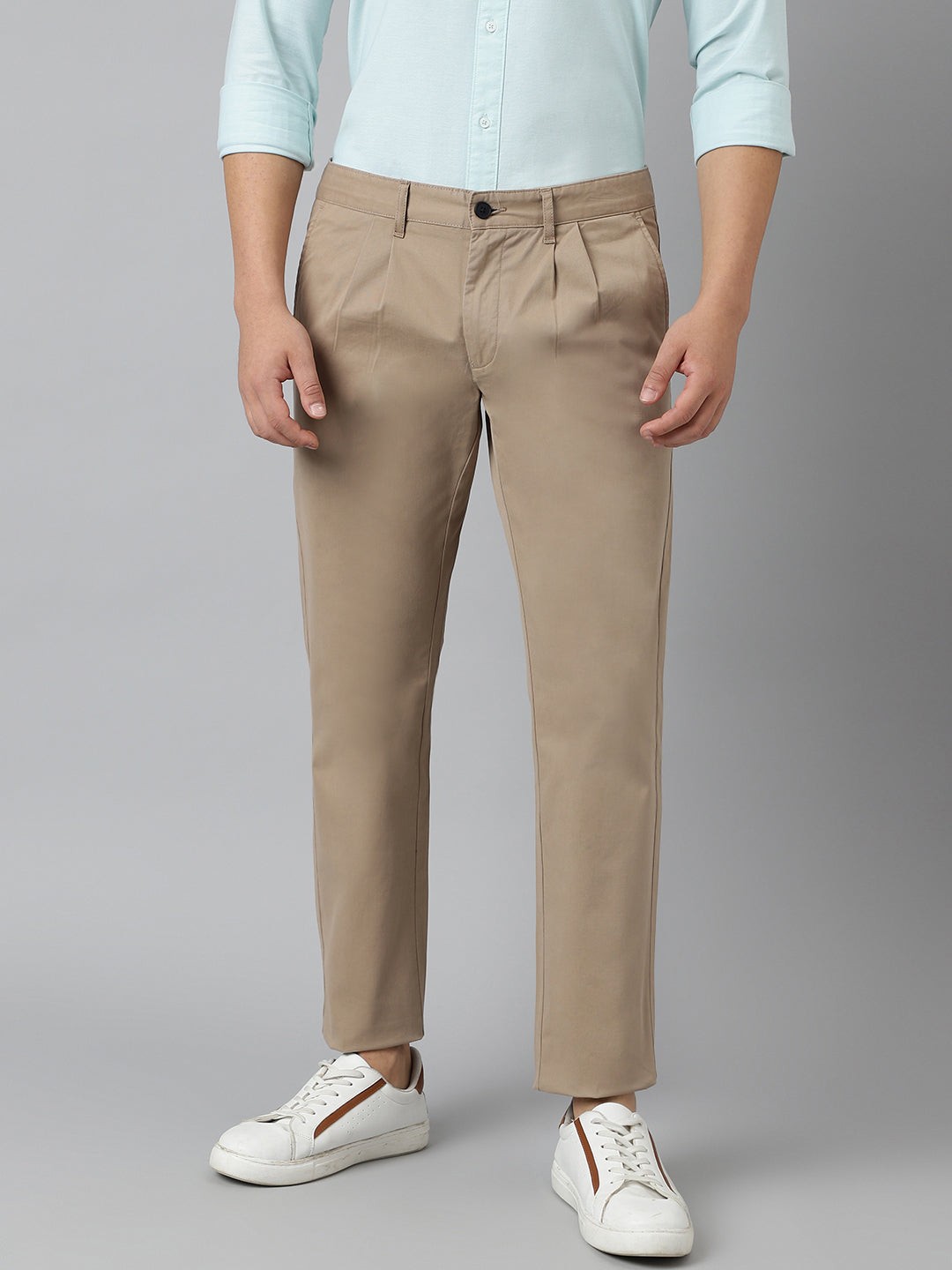 2 Way Stretch Pleated Chinos in Khaki- Comfort Fit