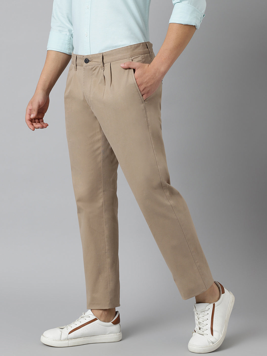 2 Way Stretch Pleated Chinos in Khaki- Comfort Fit