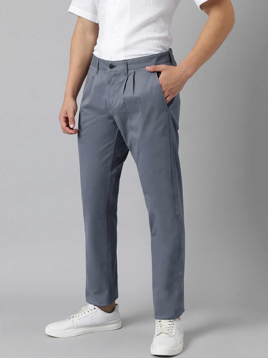 2 Way Stretch Pleated Chinos in Slate Grey- Comfort Fit