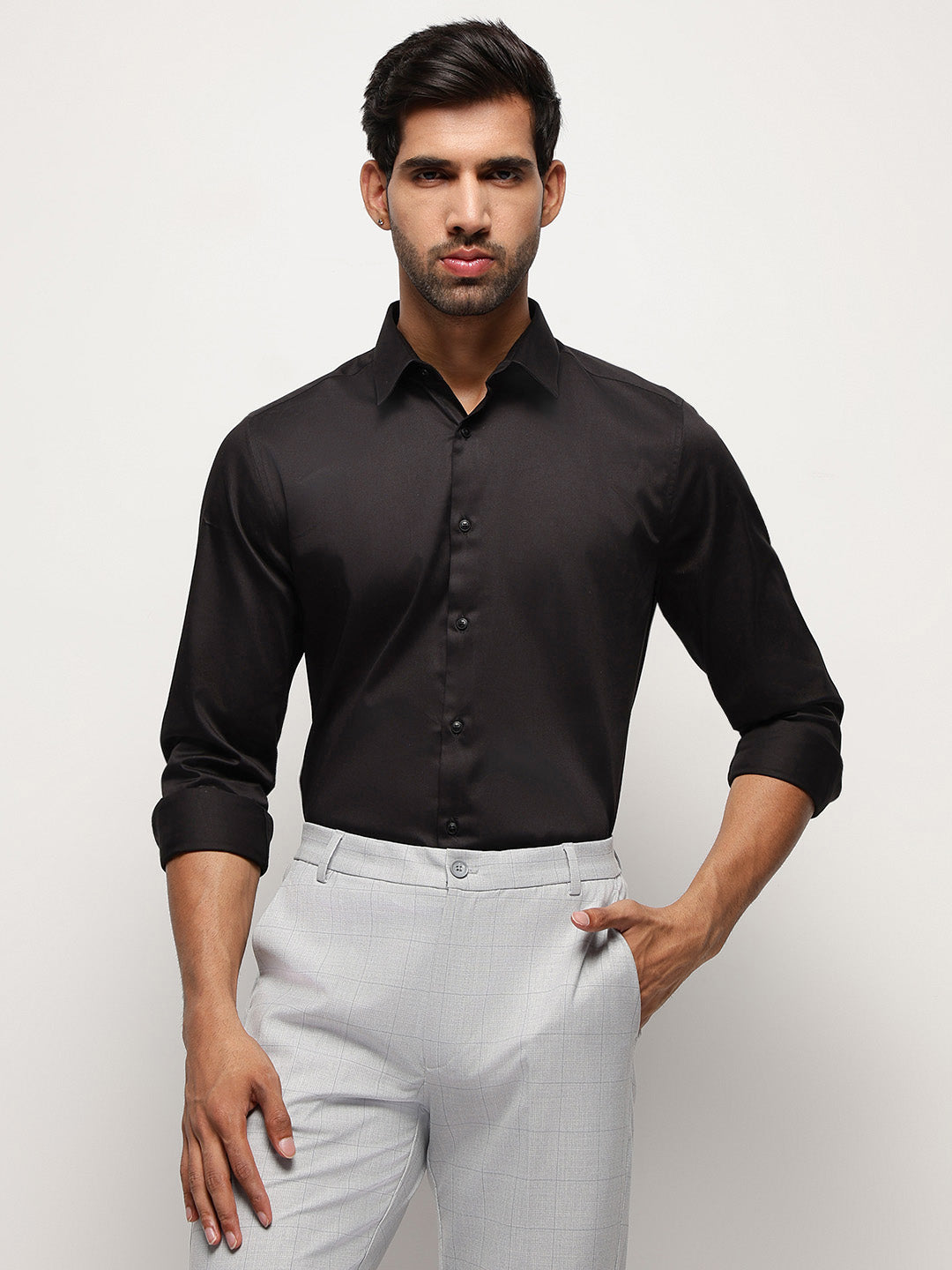 2 Way Stretch Satin Shirt in Black