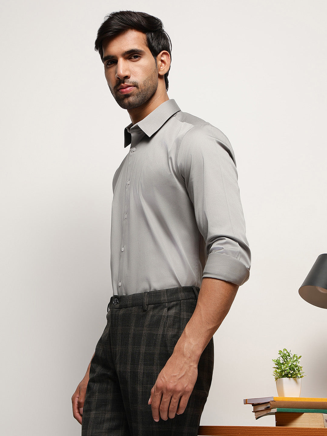 2 Way Stretch Satin Shirt in Light Grey