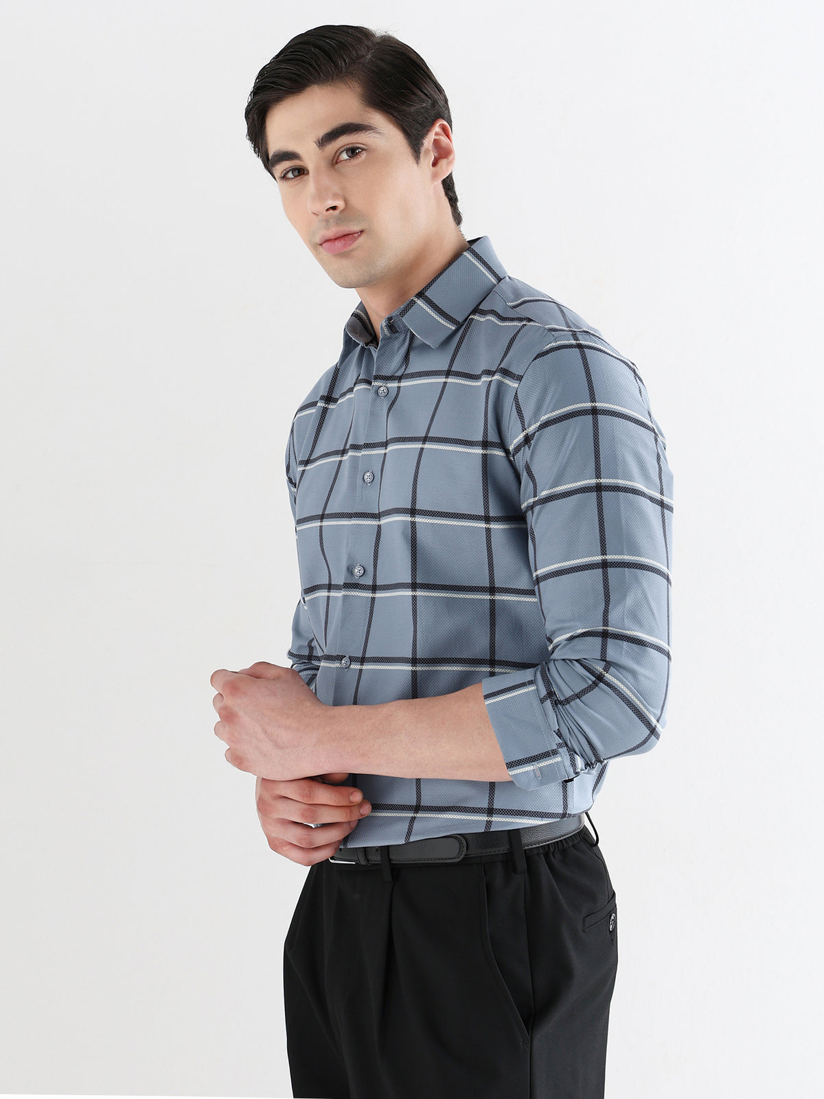 Window Check Formal Shirt In Dusty Blue-Slim Fit