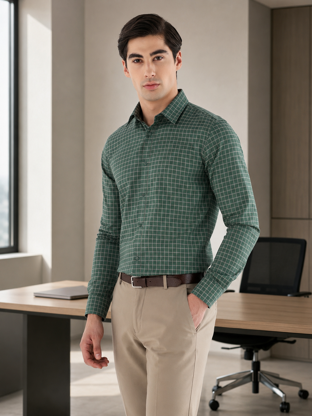 Grid Check Formal Shirt In Dark Forestgreen-Comfort Fit