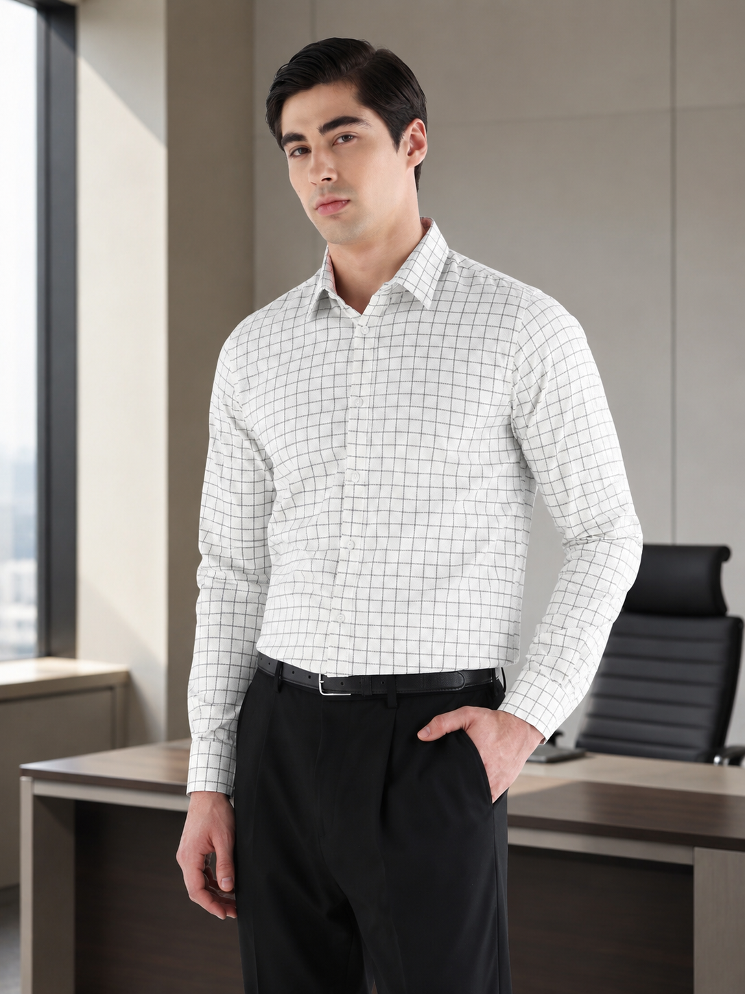 Grid Check Formal Shirt In White-Comfort Fit