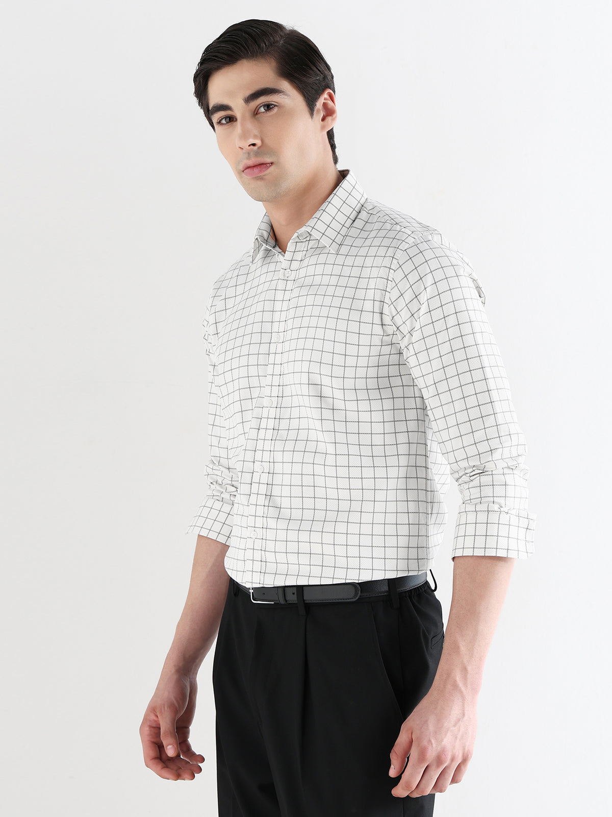 Grid Check Formal Shirt In White-Comfort Fit