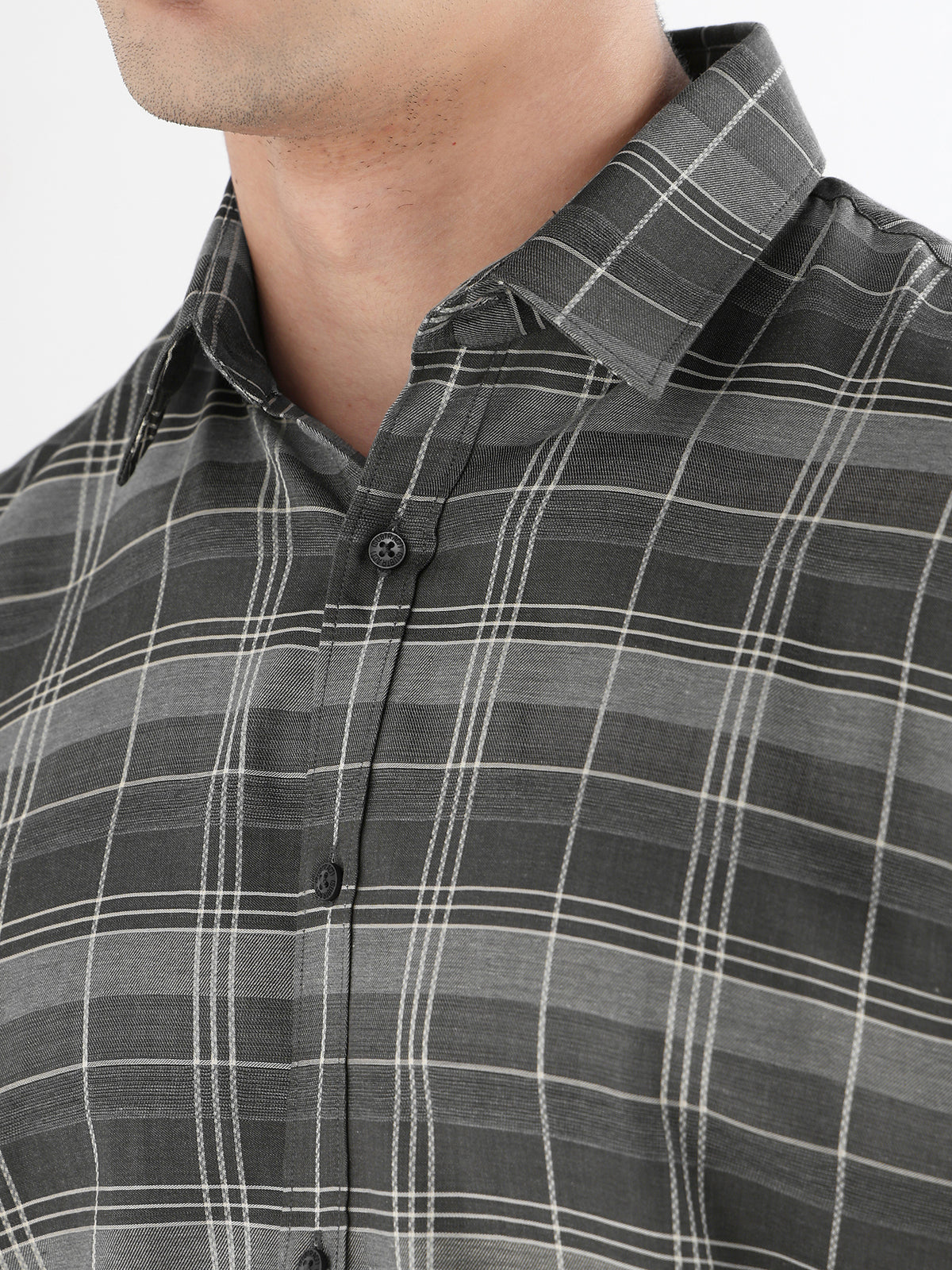 Classic Check Formal Shirt In Khaki Green-Comfort Fit