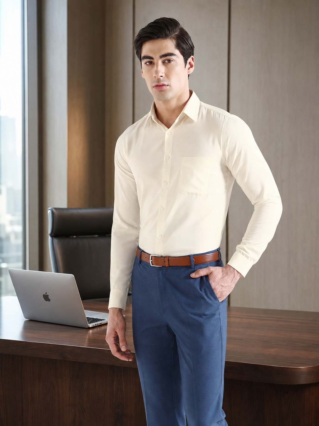 Bird Eye Textured Cotton Rich Formal Shirt in Ivory