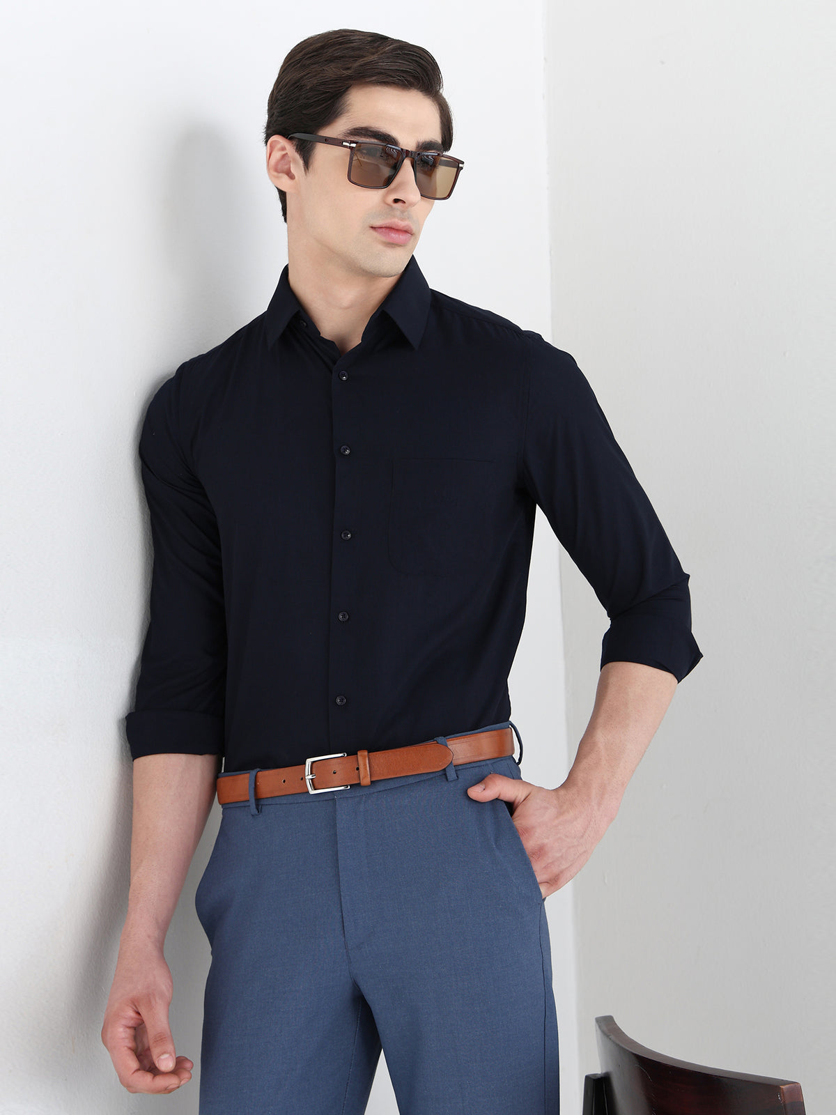 Extra Soft Solid Formal Shirt in Navy - Slim Fit