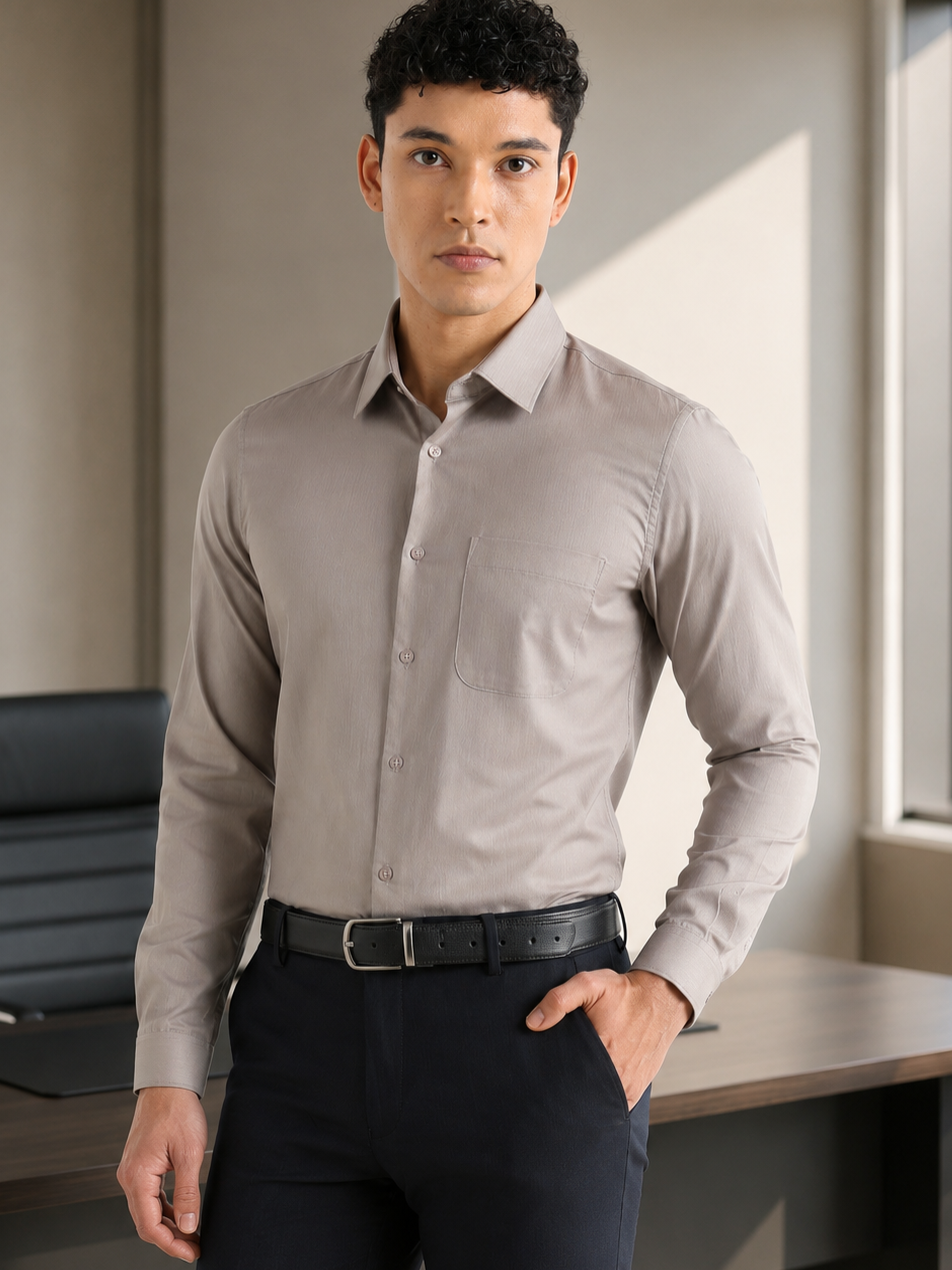 Herringbone Easy-Iron Formal Shirt in Olive Grey
