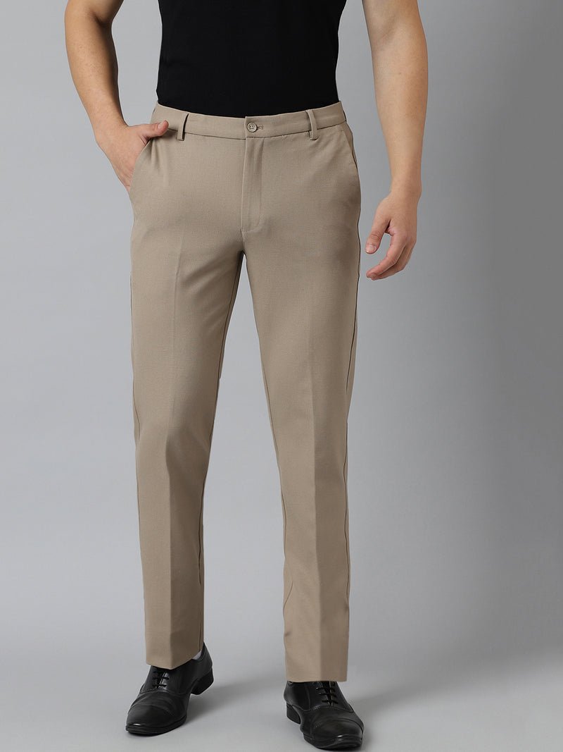 Flex Waist 4-Way Stretch Formal Trousers in Beige - Slim Fit