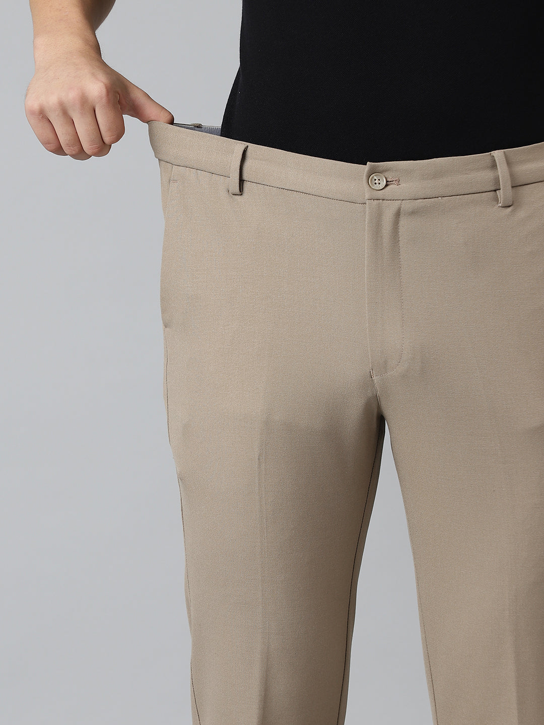 Flex Waist 4-Way Stretch Formal Trousers in Beige - Slim Fit