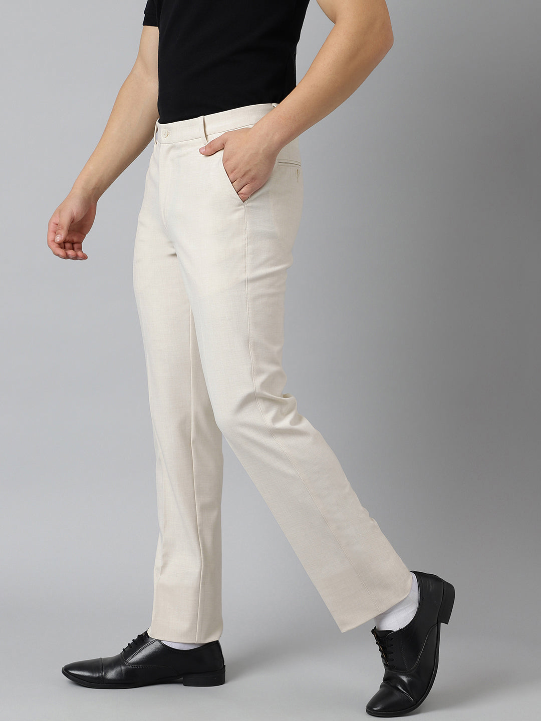 Flex Waist 4-Way Stretch Formal Trousers in Ivory Sand - Slim Fit