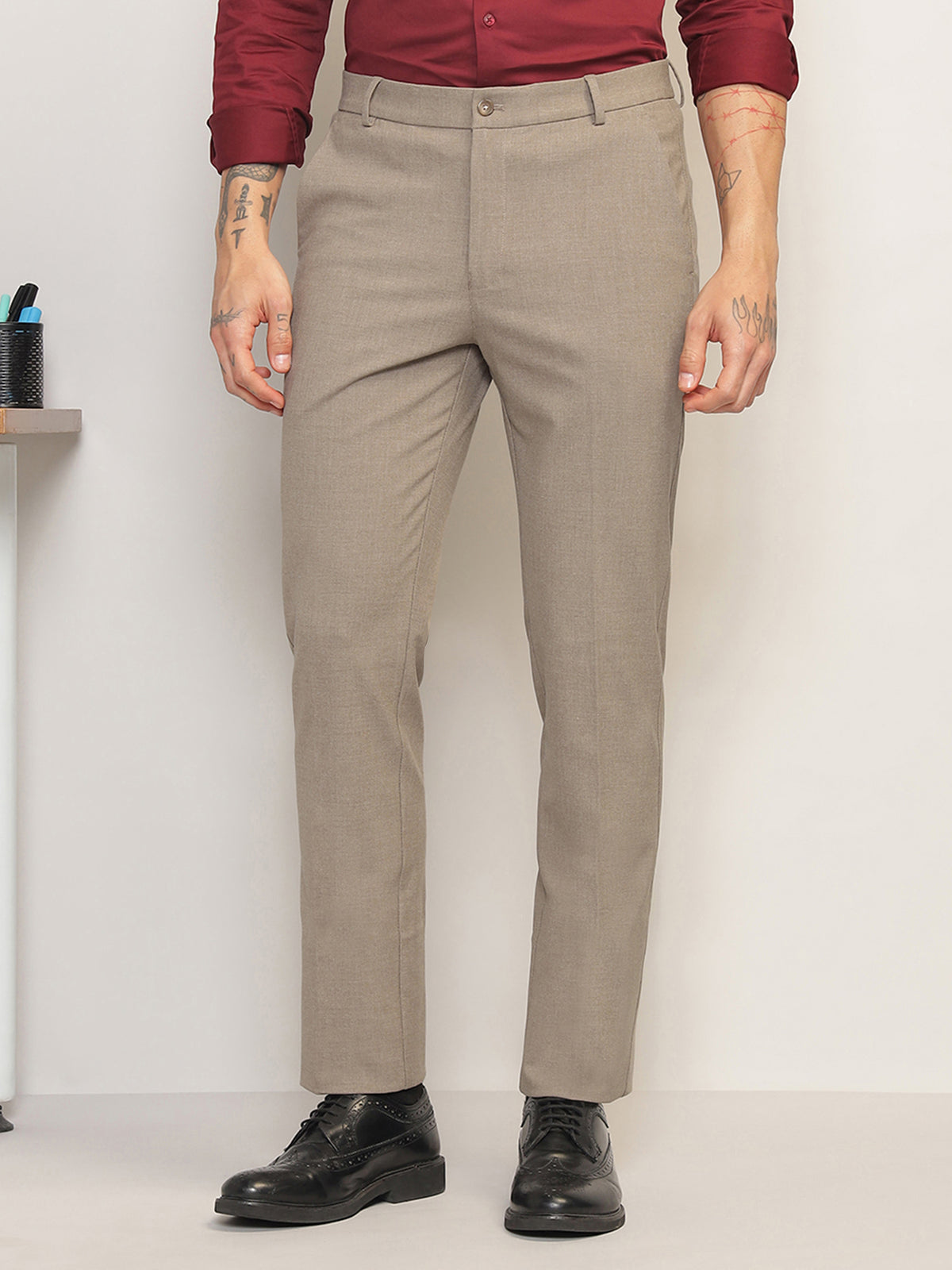 Flex Waist 4-Way Stretch Formal Trousers in Light Taupe- Slim Fit