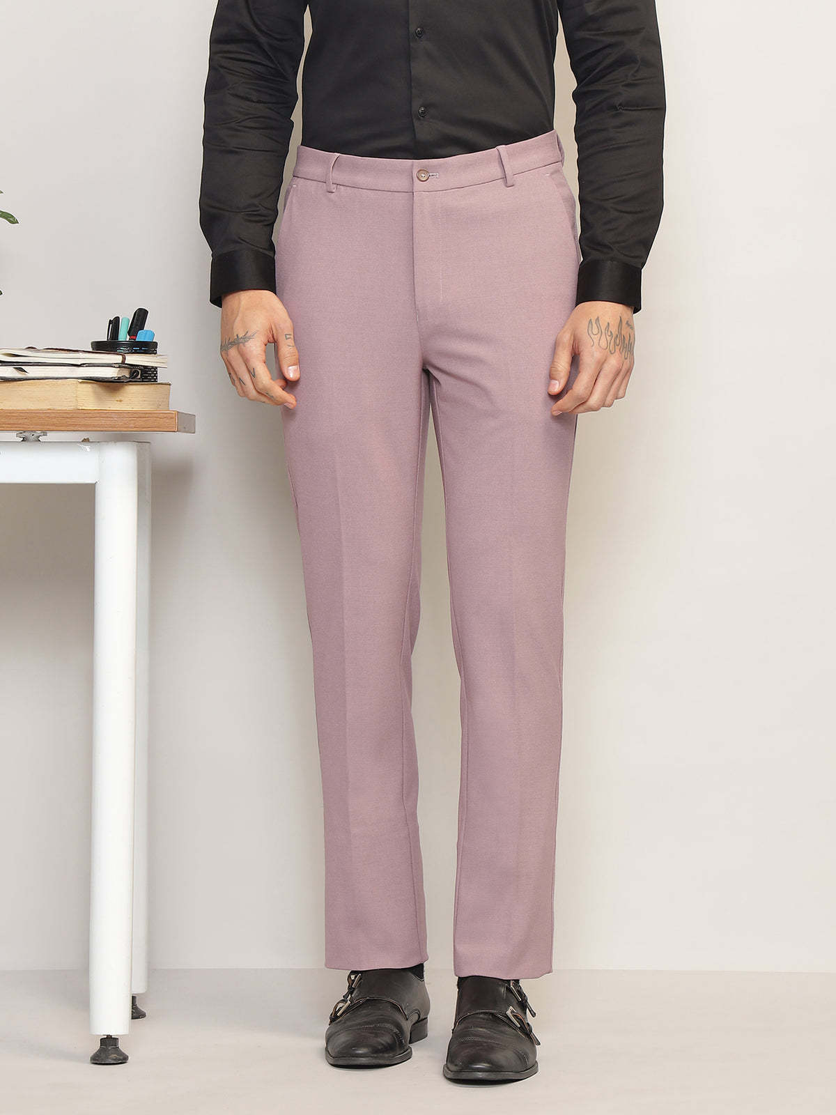 Flex Waist 4-Way Stretch Formal Trousers in Mauve- Slim Fit