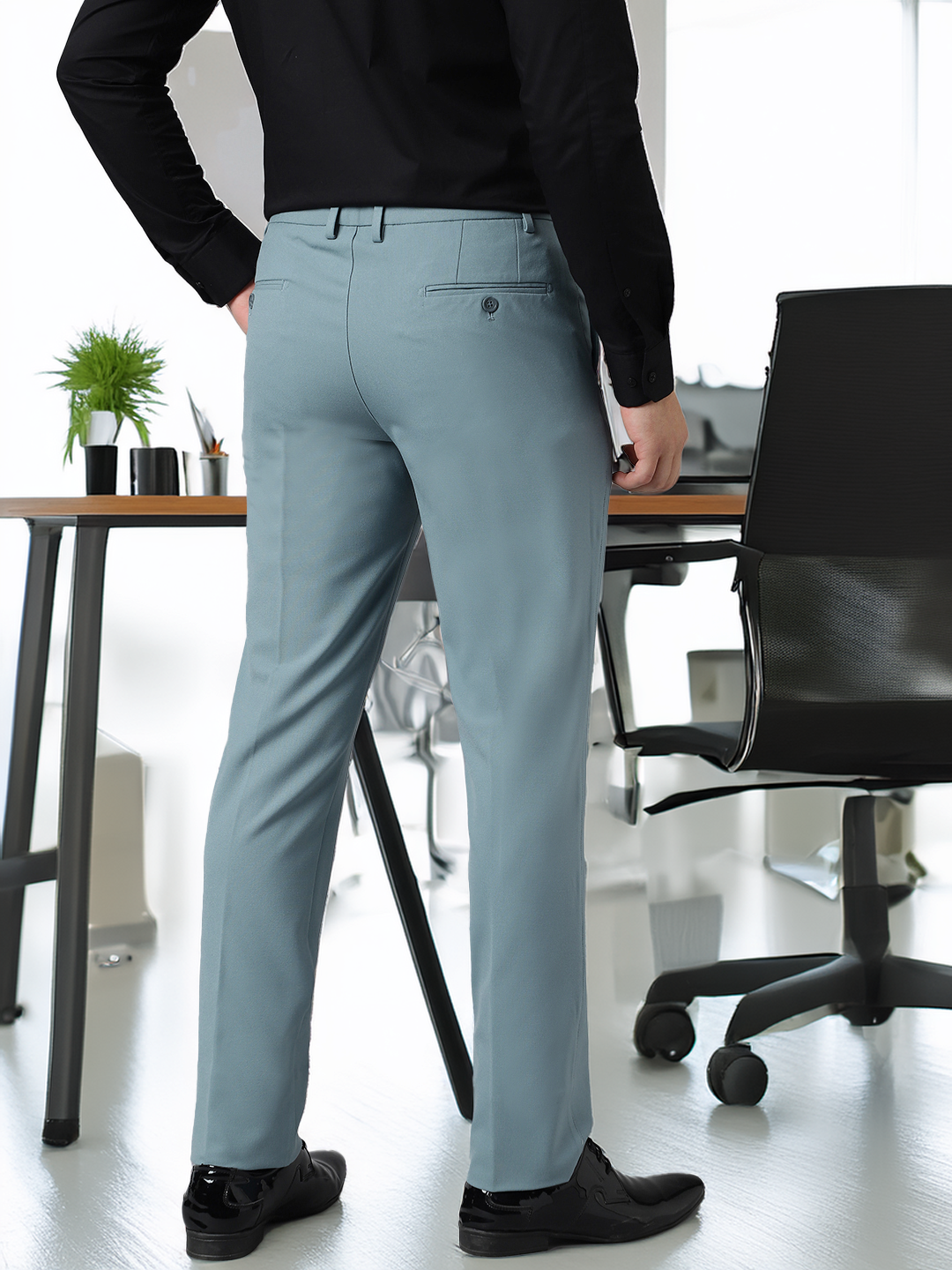 Flex Waist 4-Way Stretch Formal Trousers in Powder Blue- Slim Fit